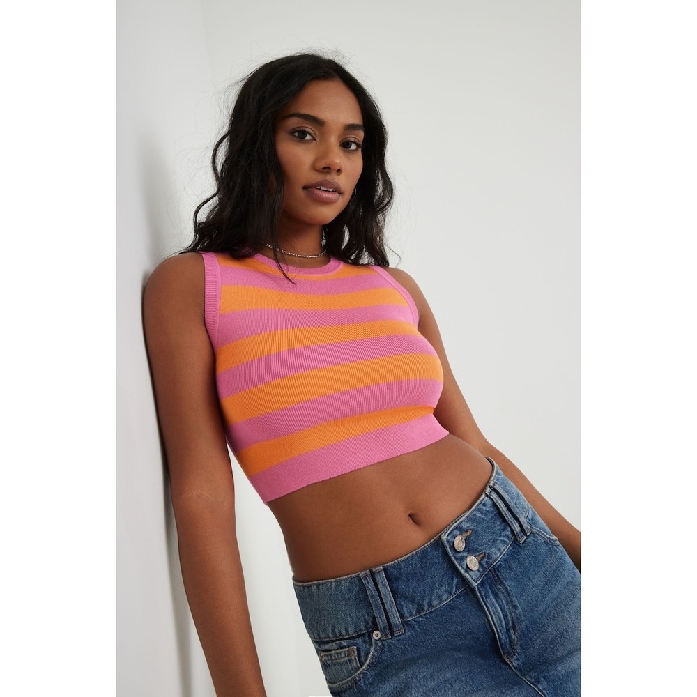 Garage Striped Sweater Vest Pink Orange Knit Crop Tank Top Sleeveless Size S - Picture 3 of 8